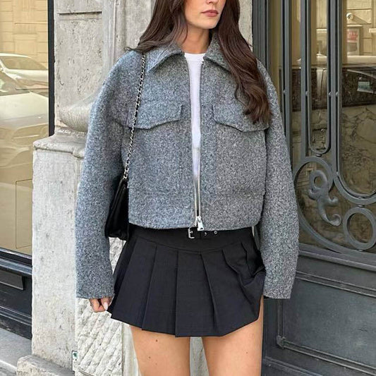 Marlowe - Veste Courte en Laine et Cuir à Col Polo